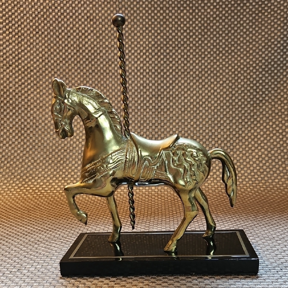 Vintage Brass Carousel Horse Lauquered Black Stand With Brass Inlay